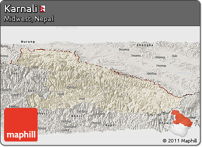 Shaded Relief Panoramic Map of Karnali, semi-desaturated