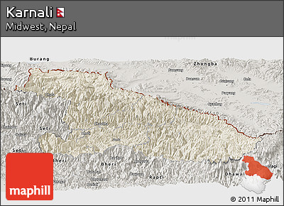 Shaded Relief Panoramic Map of Karnali, semi-desaturated