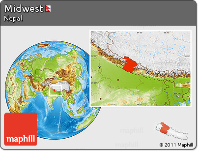 Physical Location Map of Midwest, within the entire country