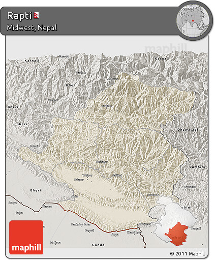 Shaded Relief 3D Map of Rapti, semi-desaturated