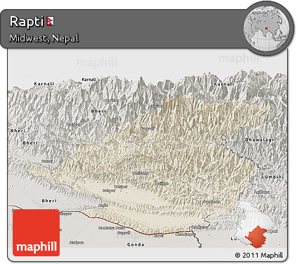 Shaded Relief Panoramic Map of Rapti, semi-desaturated