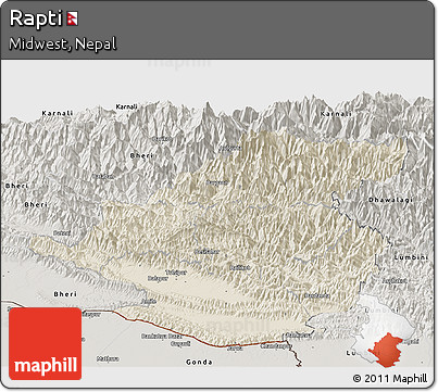 Shaded Relief Panoramic Map of Rapti, semi-desaturated