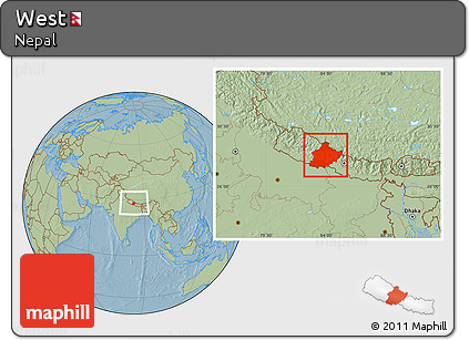 Savanna Style Location Map of West, within the entire country, hill shading