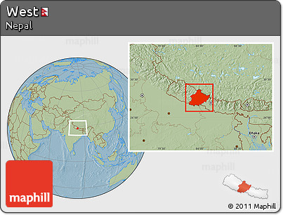 Savanna Style Location Map of West, within the entire country, hill shading