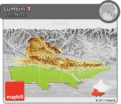 Physical 3D Map of Lumbini, lighten, desaturated