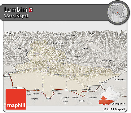 Shaded Relief 3D Map of Lumbini, semi-desaturated