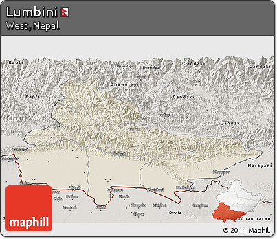 Shaded Relief 3D Map of Lumbini, semi-desaturated