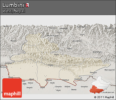 Shaded Relief 3D Map of Lumbini, semi-desaturated