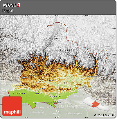 Physical Map of West, lighten, semi-desaturated