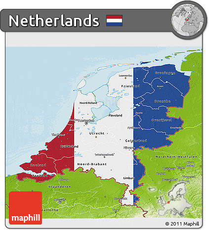 Flag 3D Map of Netherlands, physical outside, bathymetry sea, flag aligned to the middle