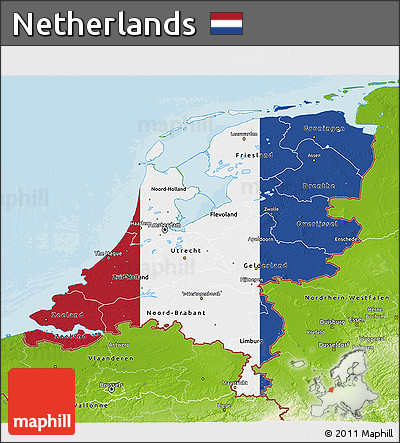 Flag 3D Map of Netherlands, physical outside, bathymetry sea, flag aligned to the middle