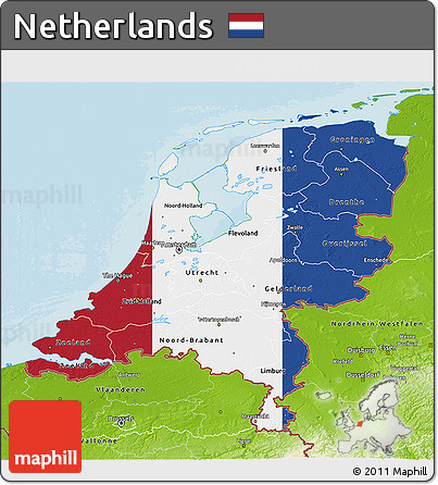 Flag 3D Map of Netherlands, physical outside, bathymetry sea, flag aligned to the middle