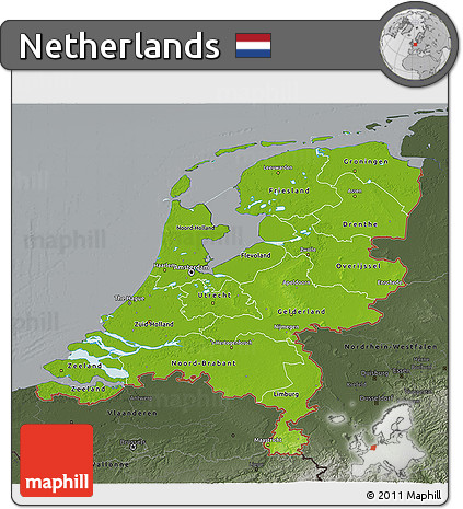 Physical 3D Map of Netherlands, darken, semi-desaturated