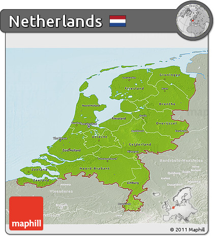 Physical 3D Map of Netherlands, lighten, semi-desaturated, land only