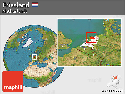 Satellite Location Map of Friesland, highlighted country, within the entire country