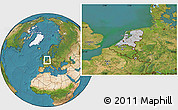 Gray Location Map of Netherlands, satellite outside, hill shading