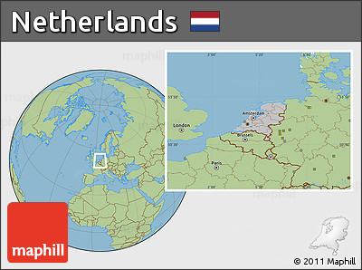 Gray Location Map of Netherlands, savanna style outside, hill shading inside