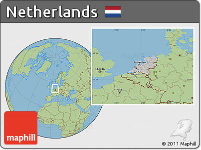 Gray Location Map of Netherlands, savanna style outside, hill shading inside
