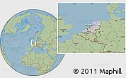 Gray Location Map of Netherlands, savanna style outside, hill shading outside