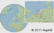 Gray Location Map of Netherlands, savanna style outside, hill shading