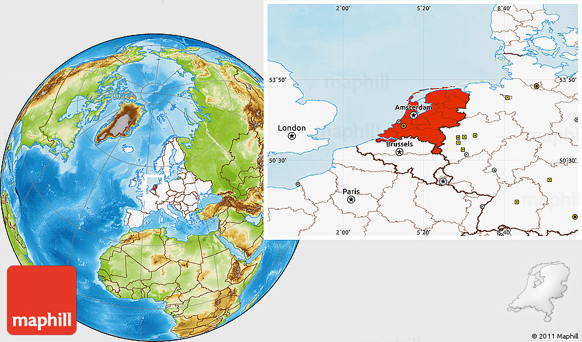 Physical Location Map of Netherlands, highlighted continent