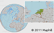 Satellite Location Map of Netherlands, gray outside, hill shading