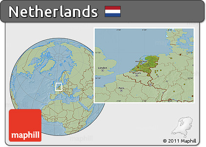 Satellite Location Map of Netherlands, savanna style outside, hill shading