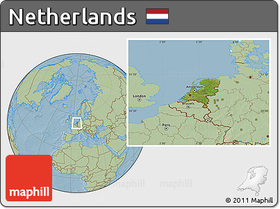 Satellite Location Map of Netherlands, savanna style outside, hill shading