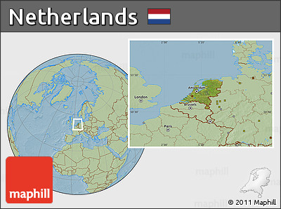 Satellite Location Map of Netherlands, savanna style outside, hill shading