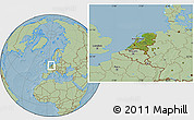 Satellite Location Map of Netherlands, savanna style outside, hill shading