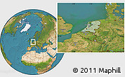 Savanna Style Location Map of Netherlands, satellite outside, hill shading