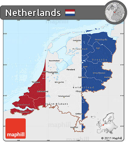 Flag Map of Netherlands, single color outside, bathymetry sea, flag rotated