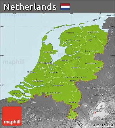 Physical Map of Netherlands, desaturated, land only