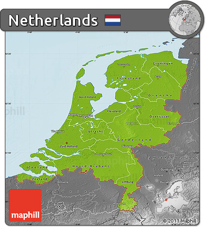 Physical Map of Netherlands, desaturated, land only