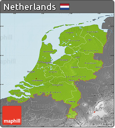 Physical Map of Netherlands, desaturated, land only