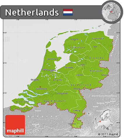 Physical Map of Netherlands, lighten, desaturated