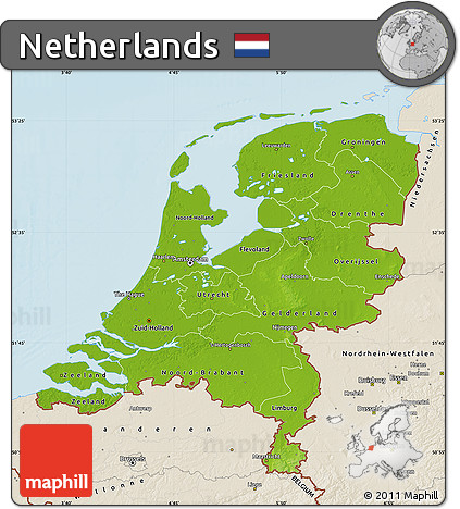 Physical Map of Netherlands, shaded relief outside