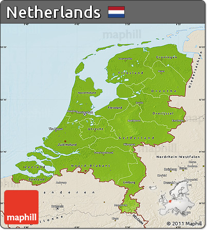 Physical Map of Netherlands, shaded relief outside