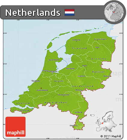 Physical Map of Netherlands, single color outside