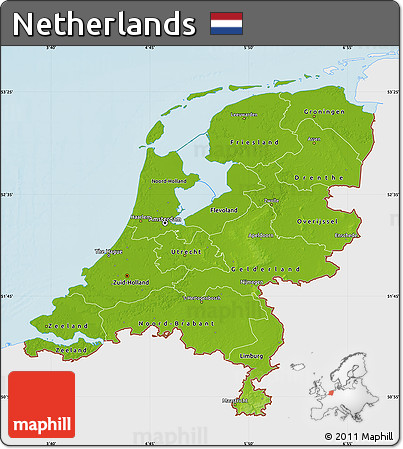 Physical Map of Netherlands, single color outside