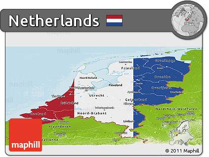 Flag Panoramic Map of Netherlands, physical outside, bathymetry sea, flag rotated