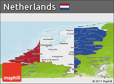 Flag Panoramic Map of Netherlands, physical outside, bathymetry sea, flag rotated