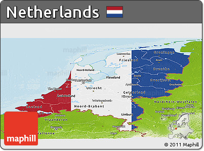 Flag Panoramic Map of Netherlands, physical outside, bathymetry sea, flag rotated