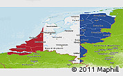 Flag Panoramic Map of Netherlands, physical outside, bathymetry sea, flag rotated