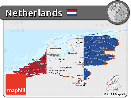 Flag Panoramic Map of Netherlands, single color outside, bathymetry sea, flag aligned to the middle