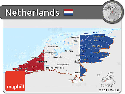 Flag Panoramic Map of Netherlands, single color outside, bathymetry sea, flag rotated