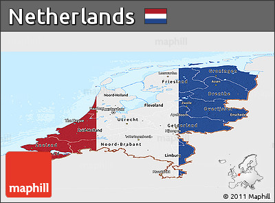Flag Panoramic Map of Netherlands, single color outside, bathymetry sea, flag rotated