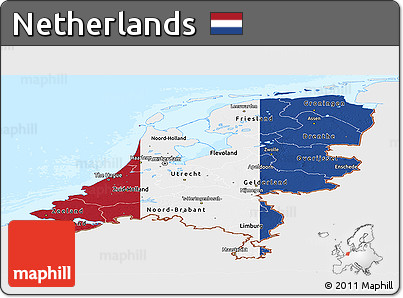 Flag Panoramic Map of Netherlands, single color outside, bathymetry sea, flag rotated