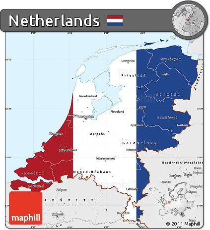 Flag Simple Map of Netherlands, single color outside, borders and labels, flag aligned to the middle