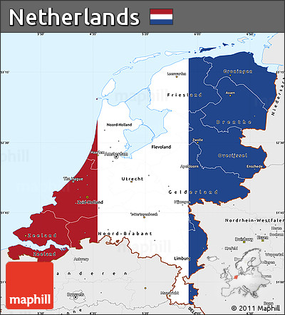 Flag Simple Map of Netherlands, single color outside, borders and labels, flag aligned to the middle
